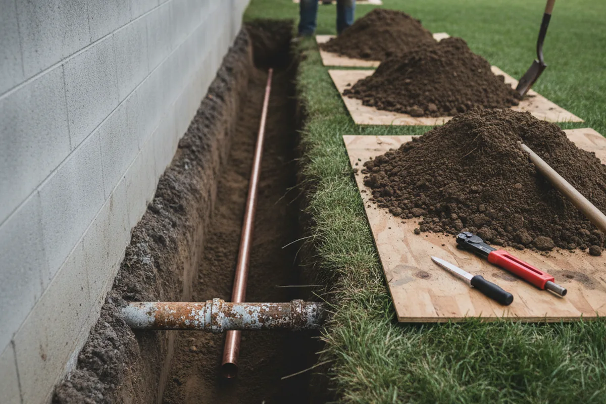 Excavated water line trench during Water Heater Repair in Marilla